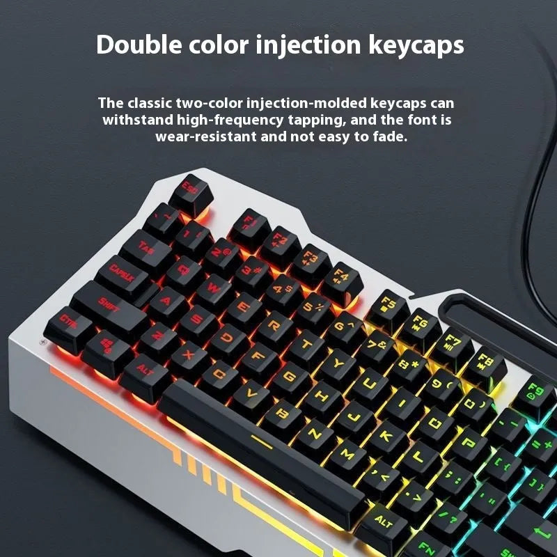Black and white wired mechanical-feeling keyboard mouse headset bundles with RGB or blue backlighting