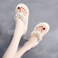 Women's high-heeled flip-flops in black or beige with cotton cloth upper