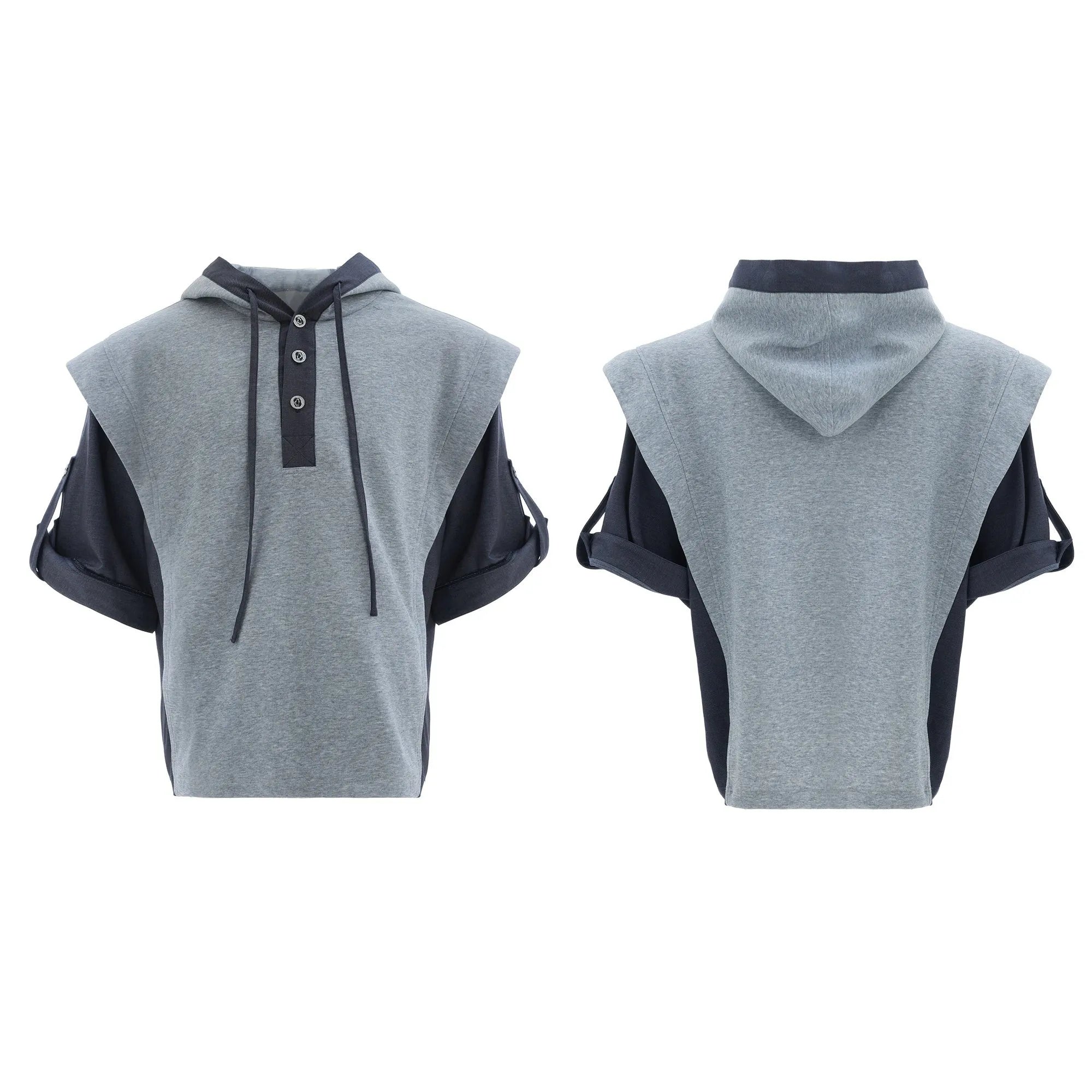 Men's grey hooded short sleeve polyester sports suit with three-dimensional stitching and matching trousers