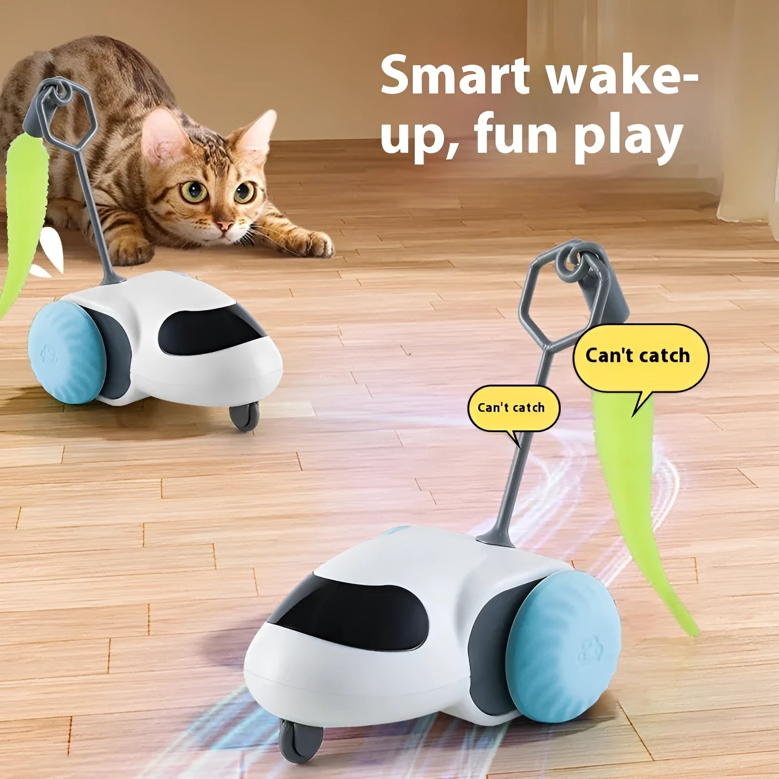 Gravity intelligent electric running car toy for cats in light grey blue colour with Type-C charging port