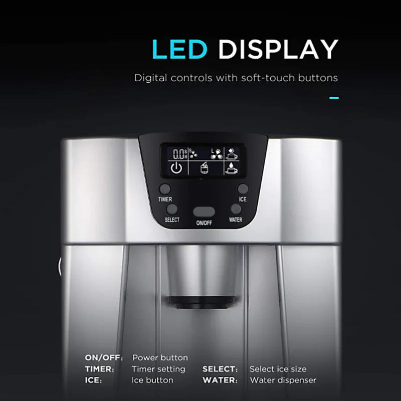 Red desktop ice maker with round ice cubes in basket, model 20E, 15kg daily capacity