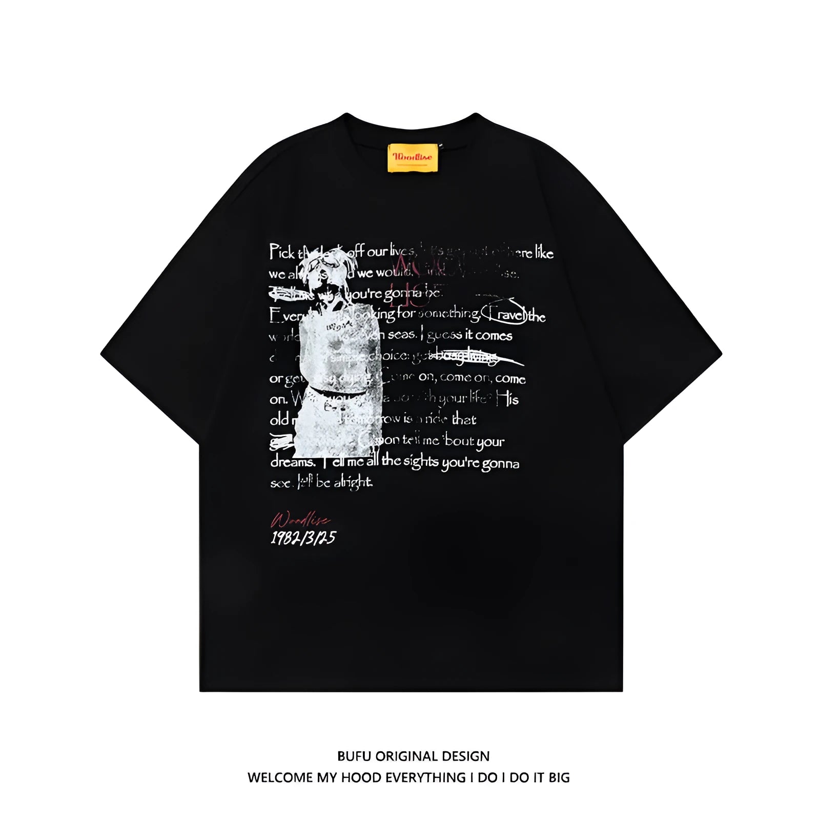 Men's black loose fit pure cotton T-shirt with white retro letter print and short raglan sleeves.