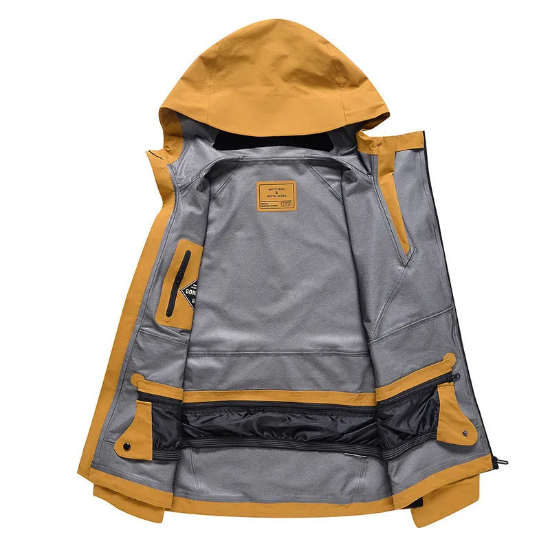 Men's and women's thin windproof waterproof ski suit in yellow, black, grey, and liner colours