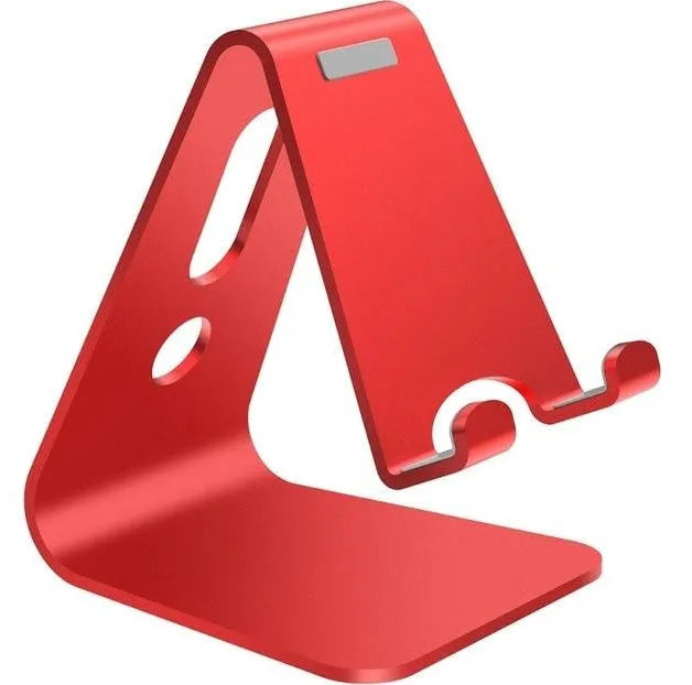 Aluminium alloy universal phone and tablet holder stand in silver, shown holding a smartphone at an angle.
