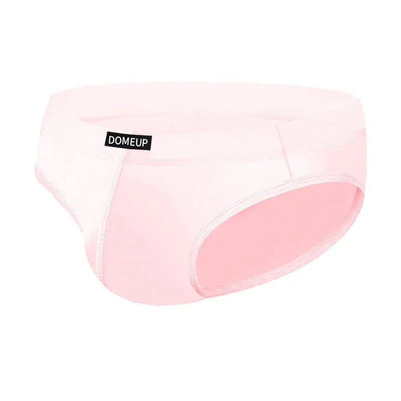 Men's solid colour low-waist seamless briefs in white, black, and pink on a size chart.