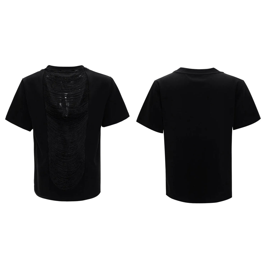 Men's black loose fit V-neck polyester T-shirt with short sleeves and tassel detailing