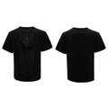 Men's black loose fit V-neck polyester T-shirt with short sleeves and tassel detailing