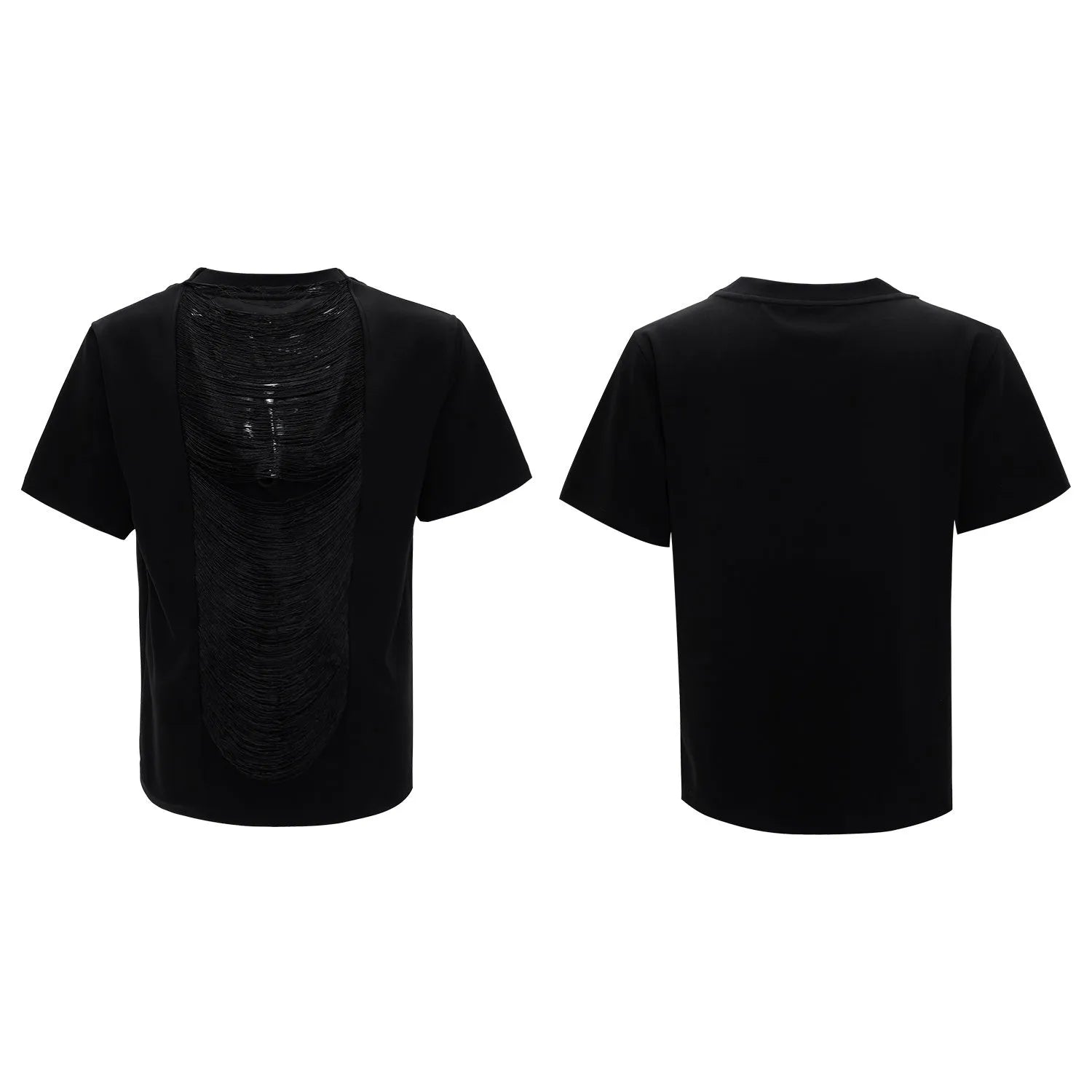 Men's black loose fit V-neck polyester T-shirt with short sleeves and tassel detailing
