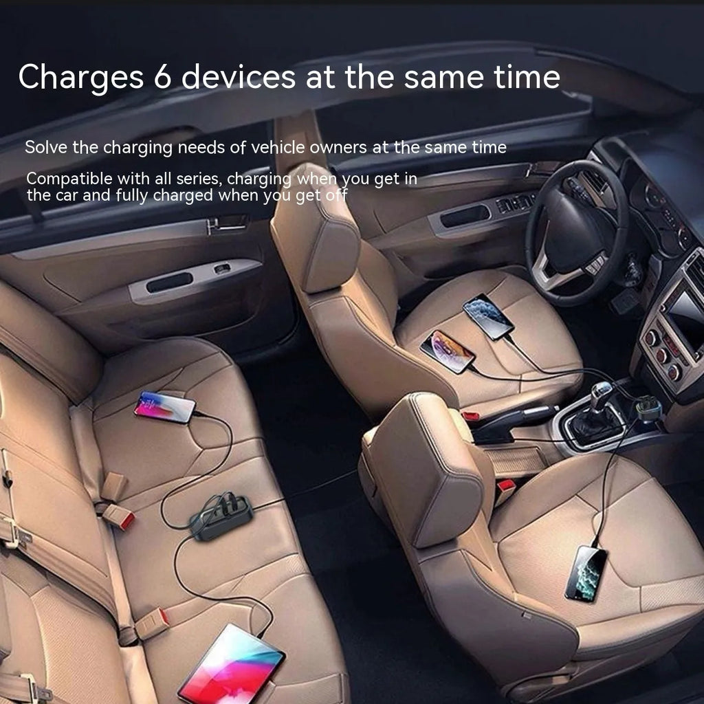 Automatic retractable car charger plugged into a vehicle cigarette lighter socket with extended cable.