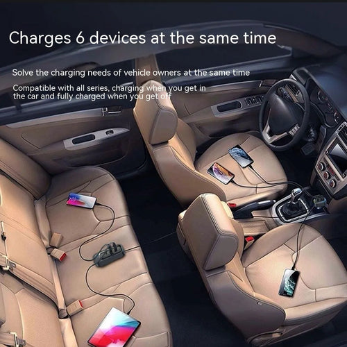 Automatic retractable car charger plugged into a vehicle cigarette lighter socket with extended cable.