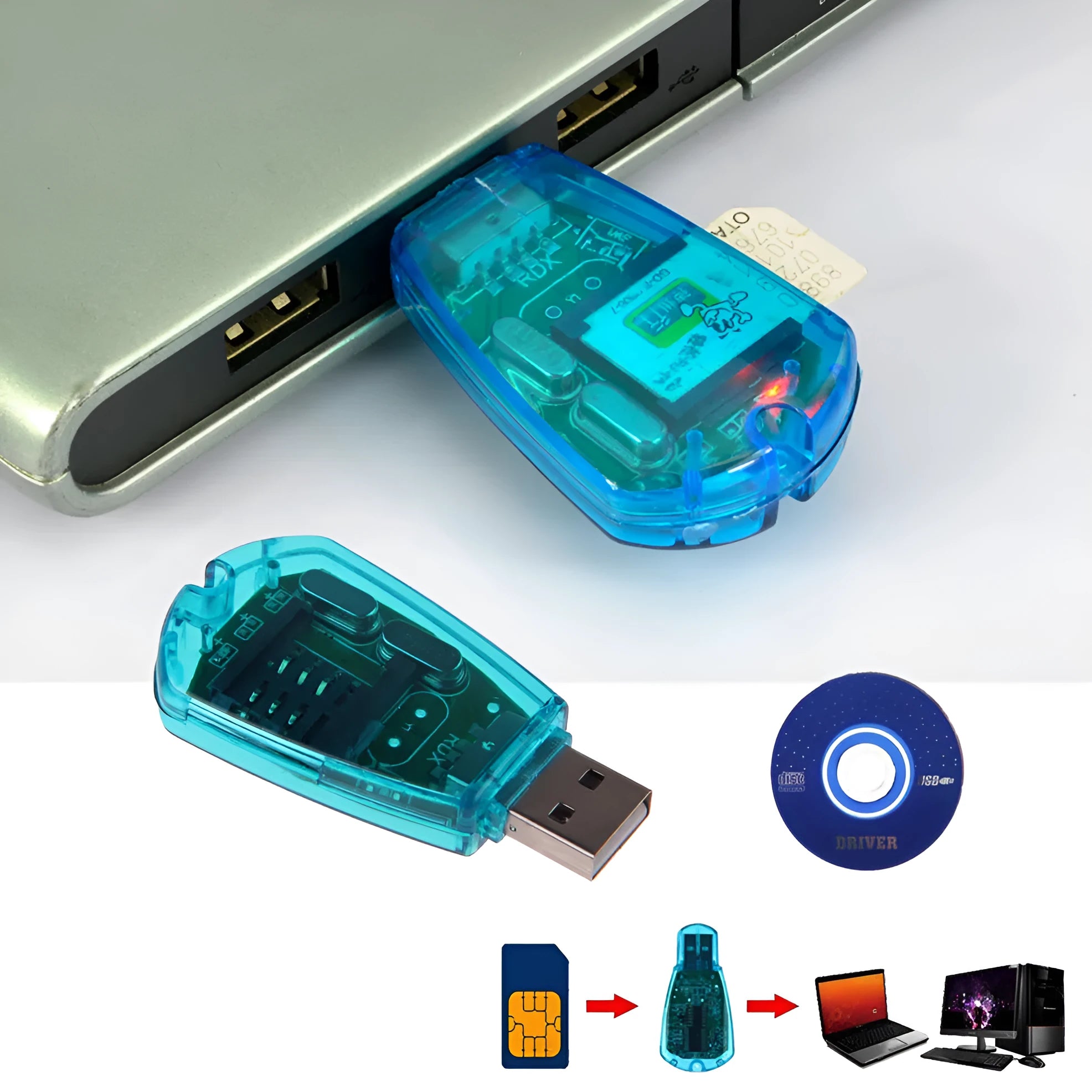 Blue USB external SIM card reader for mobile phone contact and SMS backup