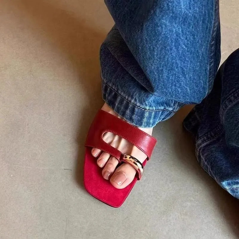 Leather outdoor slippers with a square toe design and rubber sole, shown in available colours.
