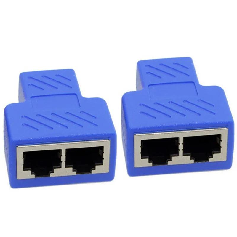 RJ45 network cable splitter adapter in white, yellow, red, blue, and black colours