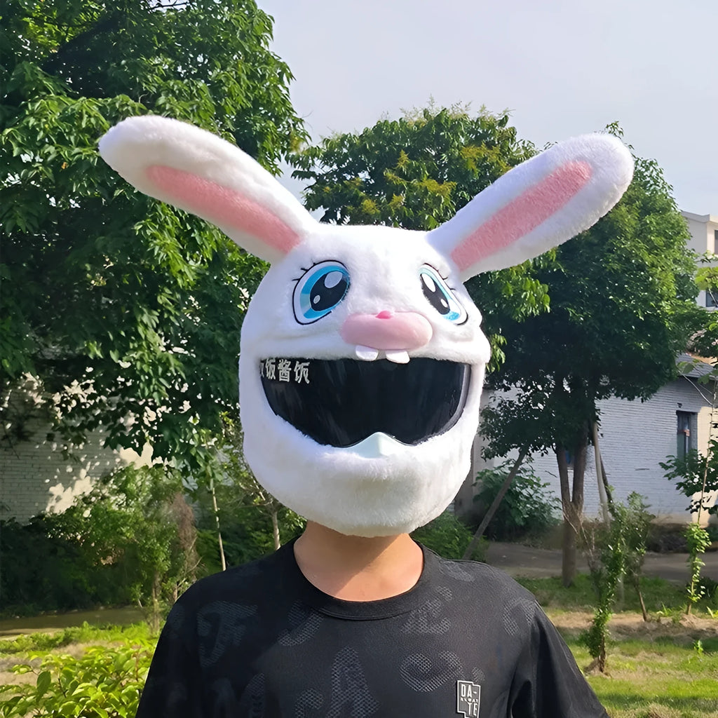 White plush rabbit head decorative cover on a motorcycle helmet for electric scooter commuting