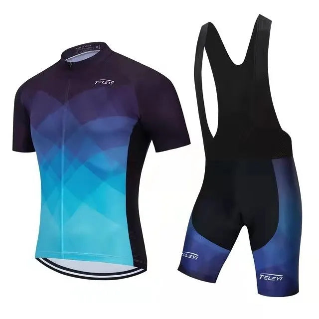 Cycling jersey and pants set in a colour-block style for summer mountain and road bike riding.