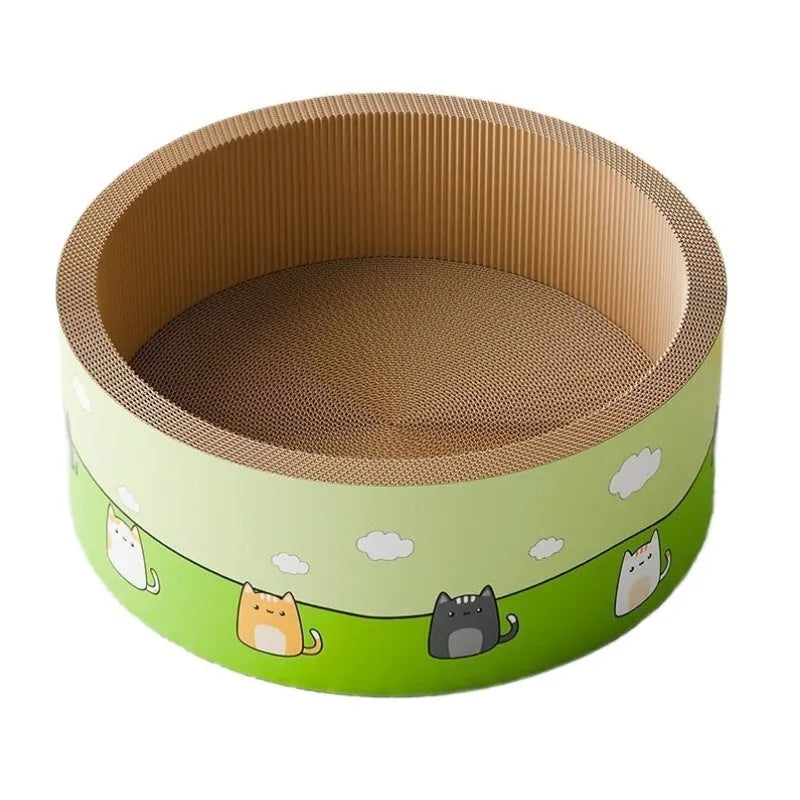 Large round deep-pit cat scratching board made from brown corrugated paper.