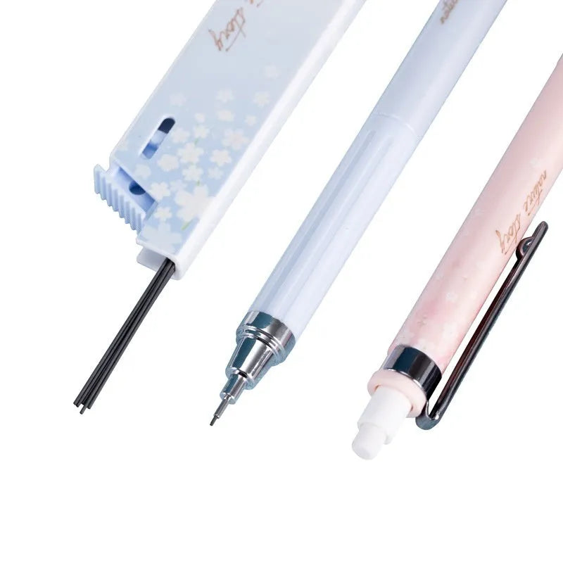 Cartoon automatic pencil set containing three propelling pencils and three HB refill boxes