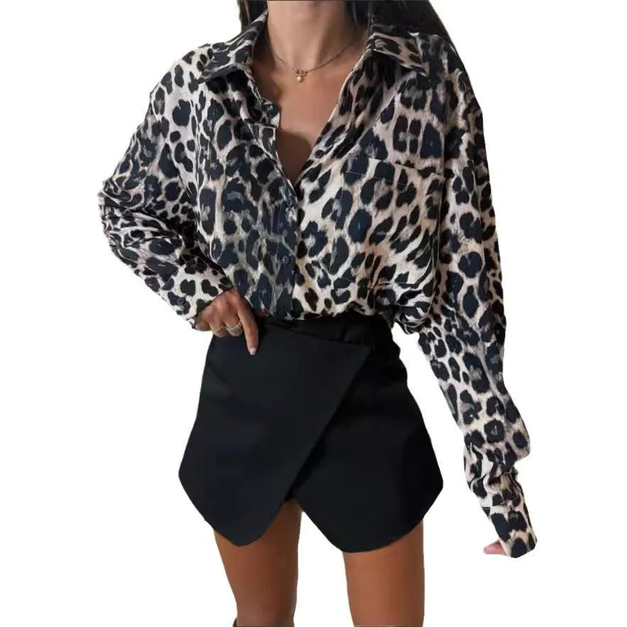 Vintage leopard print lapel single breasted loose pullover shirt with long sleeves and button front in polyester