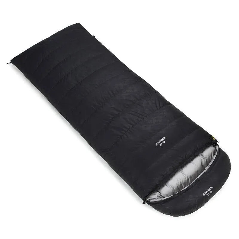 Black outdoor adult sleeping bag with envelope structure and white goose down filler.