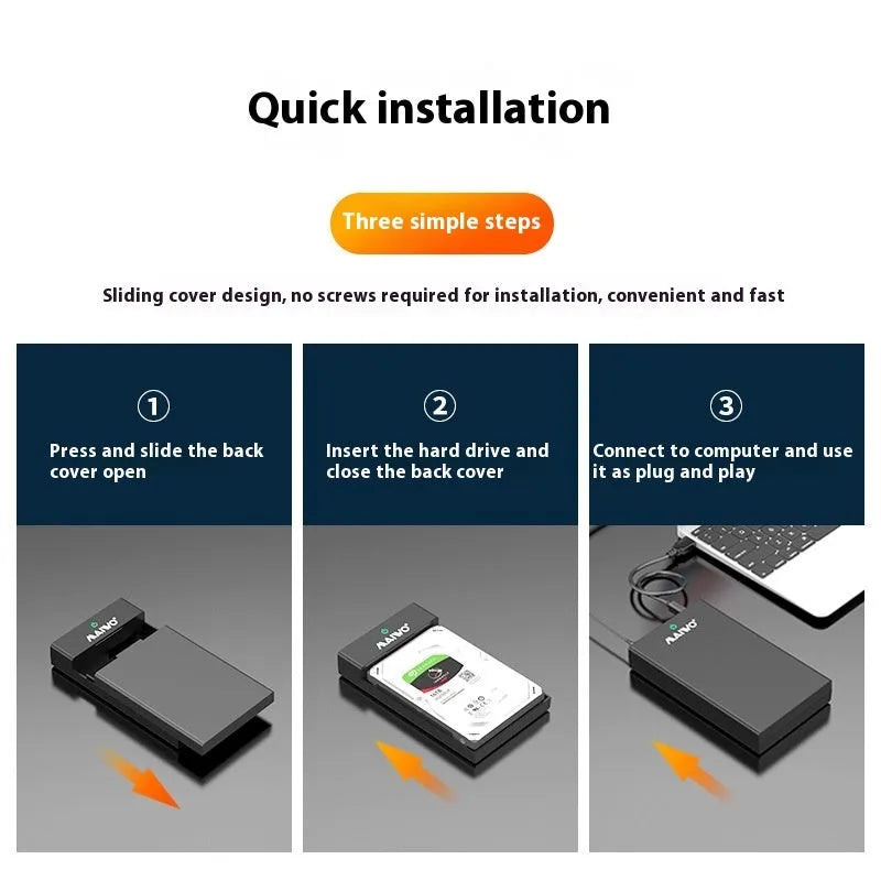 3.5-inch SATA to USB hard disk enclosure with sliding cover in black and silver colour combination