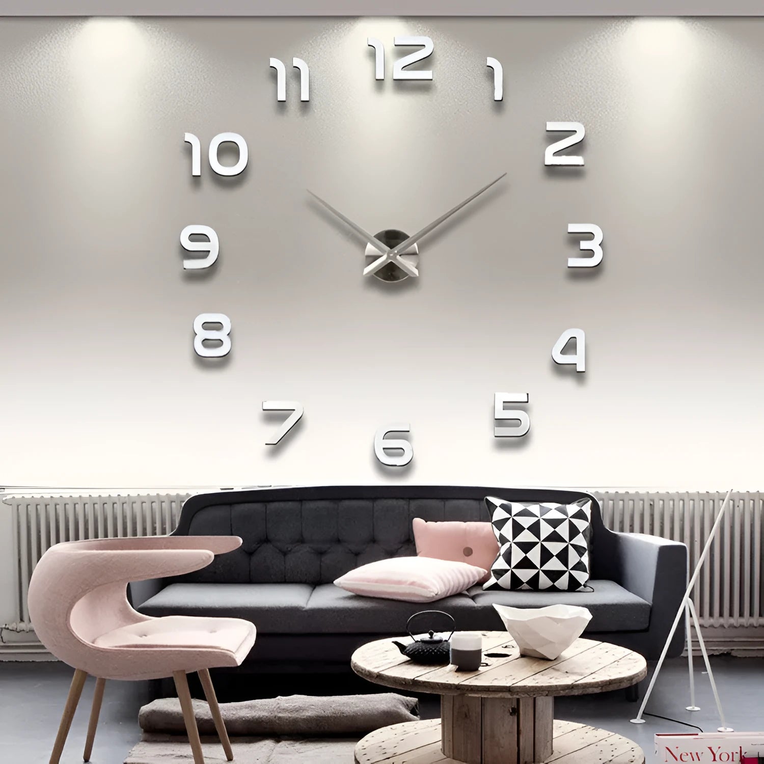 Silver round acrylic DIY wall clock for living room with single-sided face