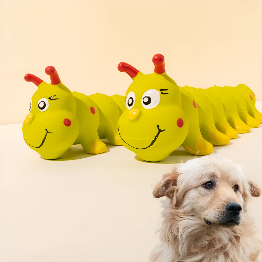 Yellow rubber caterpillar-shaped dog toy with squeaker for small to medium dogs.