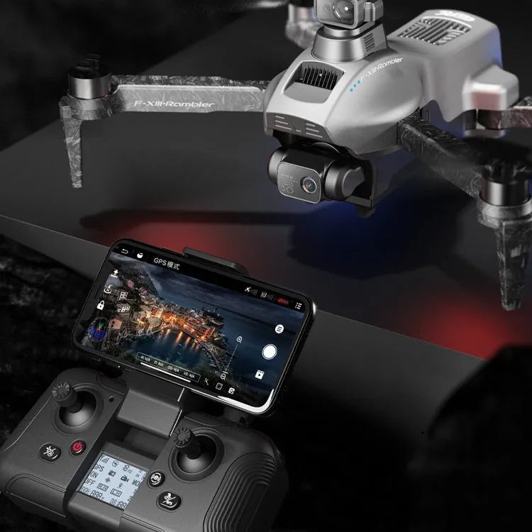 White folding quadcopter drone with camera, shown collapsed next to its remote control and shoulder bag.