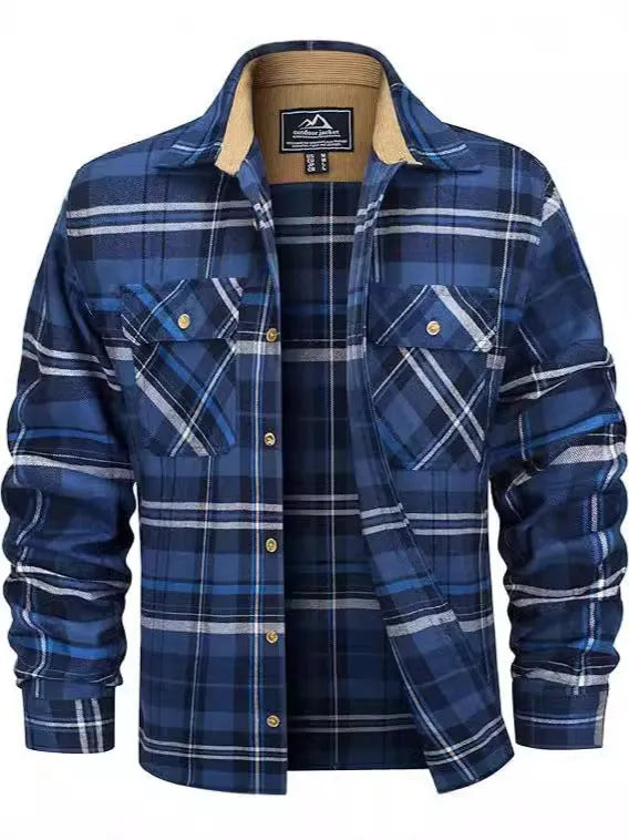 Men's flannel button shirt showing plaid pattern in multiple colour options with button-front design
