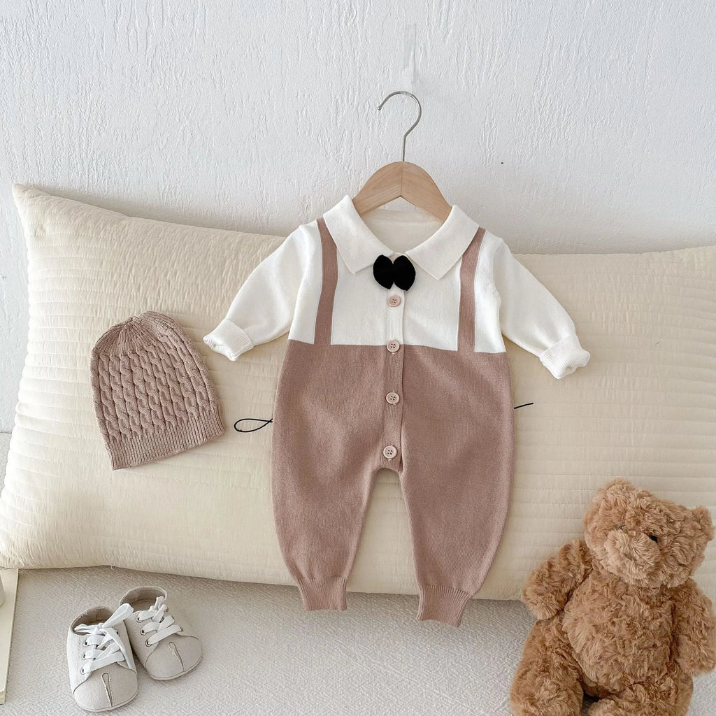 Infant lapel gentleman tie false two-piece suit in grey, brown, black, core-spun yarn fabric, long sleeve unisex baby romper for 66-90cm height
