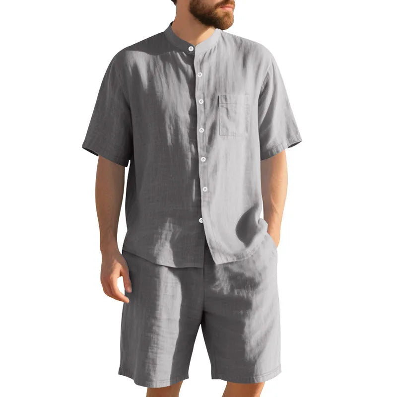 Men's linen blend summer suit with Henry collar, short sleeves and matching shorts in army green