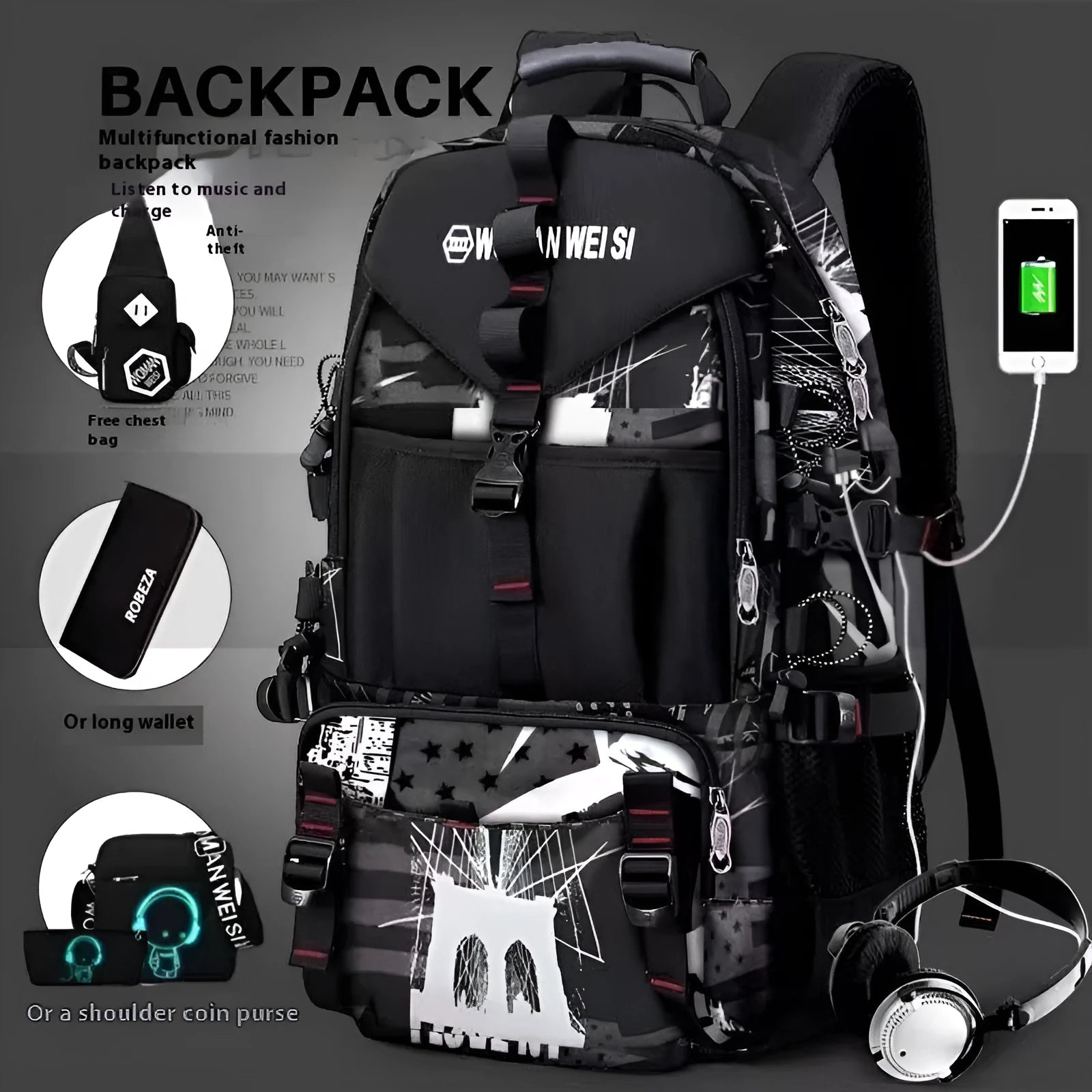 Men's large waterproof Oxford cloth hiking backpack in multiple colour options on a neutral background.