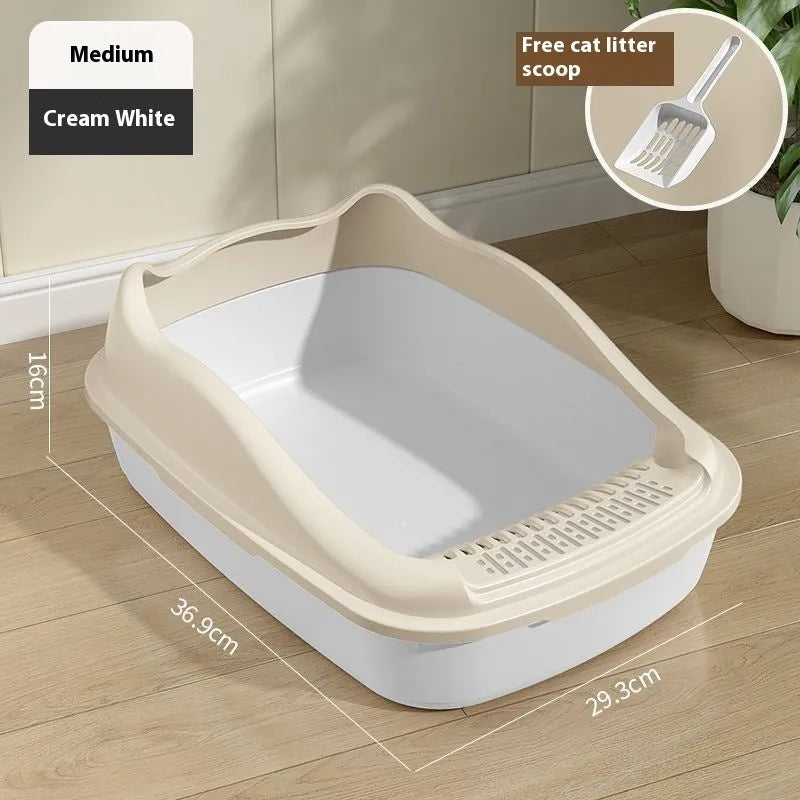 Oversized semi-enclosed cat litter box in cream white, PP material, anti-splash design, extra large size