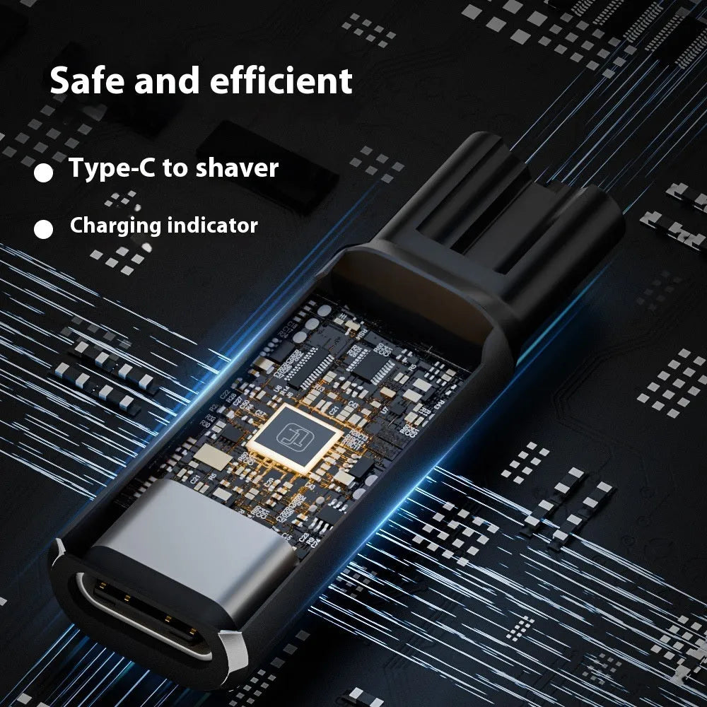 USB-C electric shaver charging adapter with aluminium alloy housing in black or grey colour