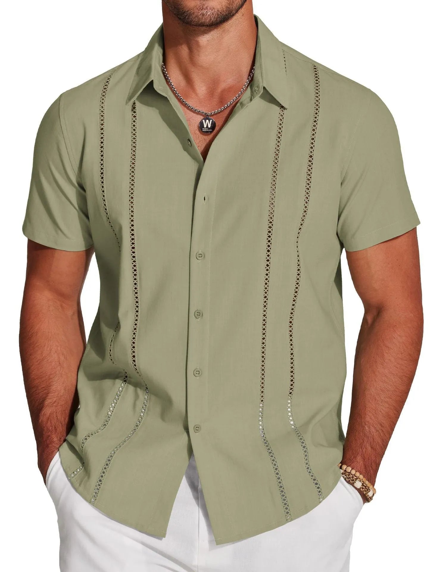 Men's slim-fit elastic Hawaiian shirt with digital print pattern in casual cardigan style