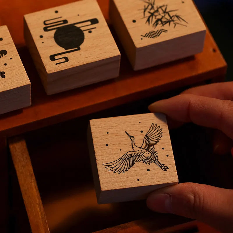 Mr. Paper wooden stamp seal with a crane design from the Huahegui series.