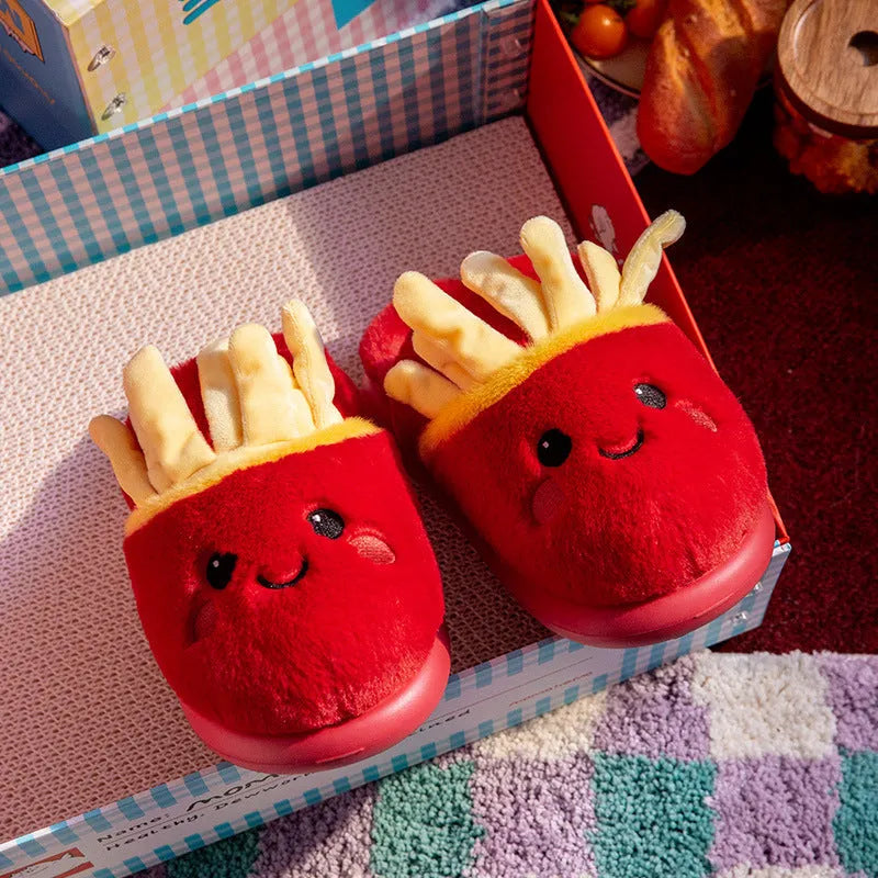 Pair of cotton slippers with suede upper, cartoon French fries print, and EVA sole for indoor use