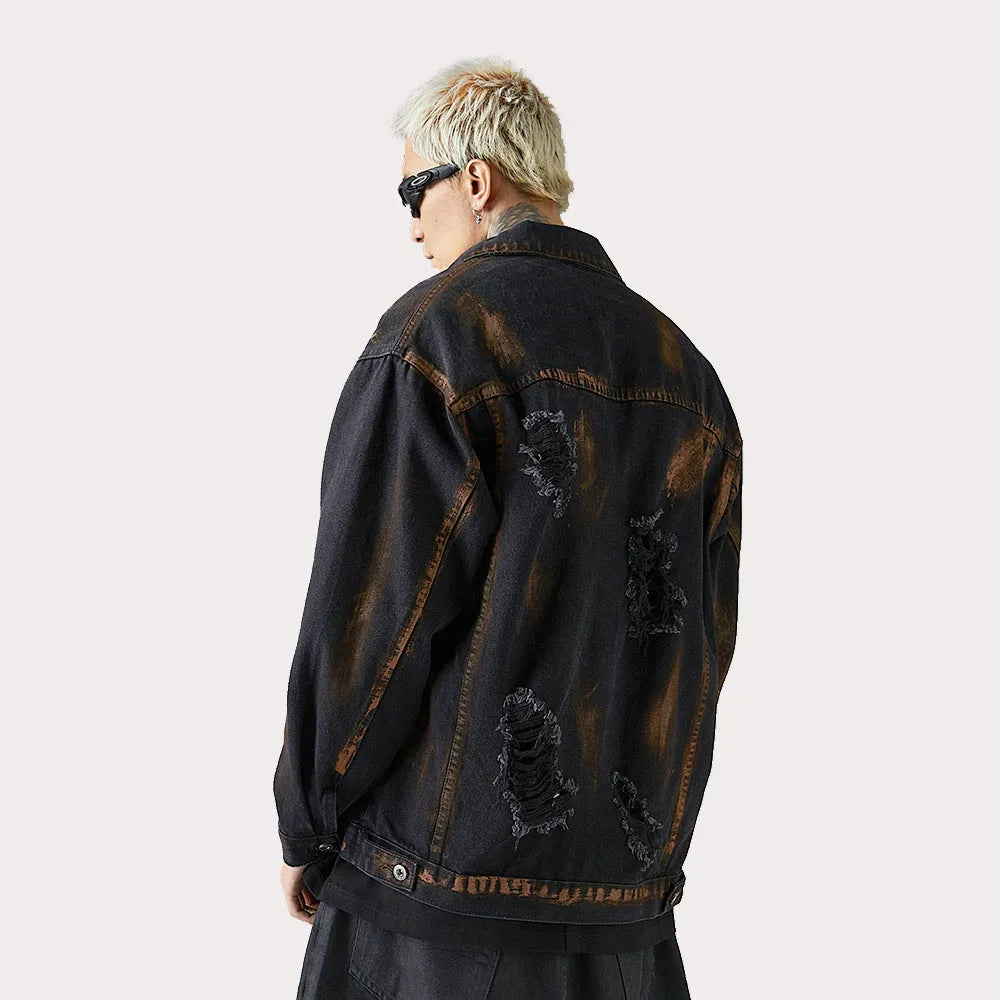 Black men's cotton denim jacket with fashion holes and street style design