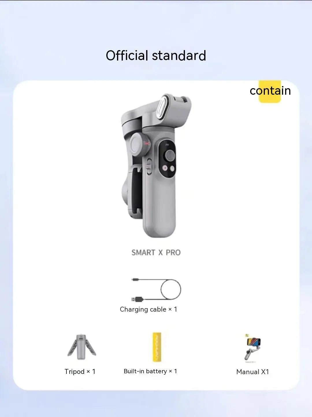 Silver grey smartphone gimbal stabiliser with extended arms and Bluetooth remote control on a table.