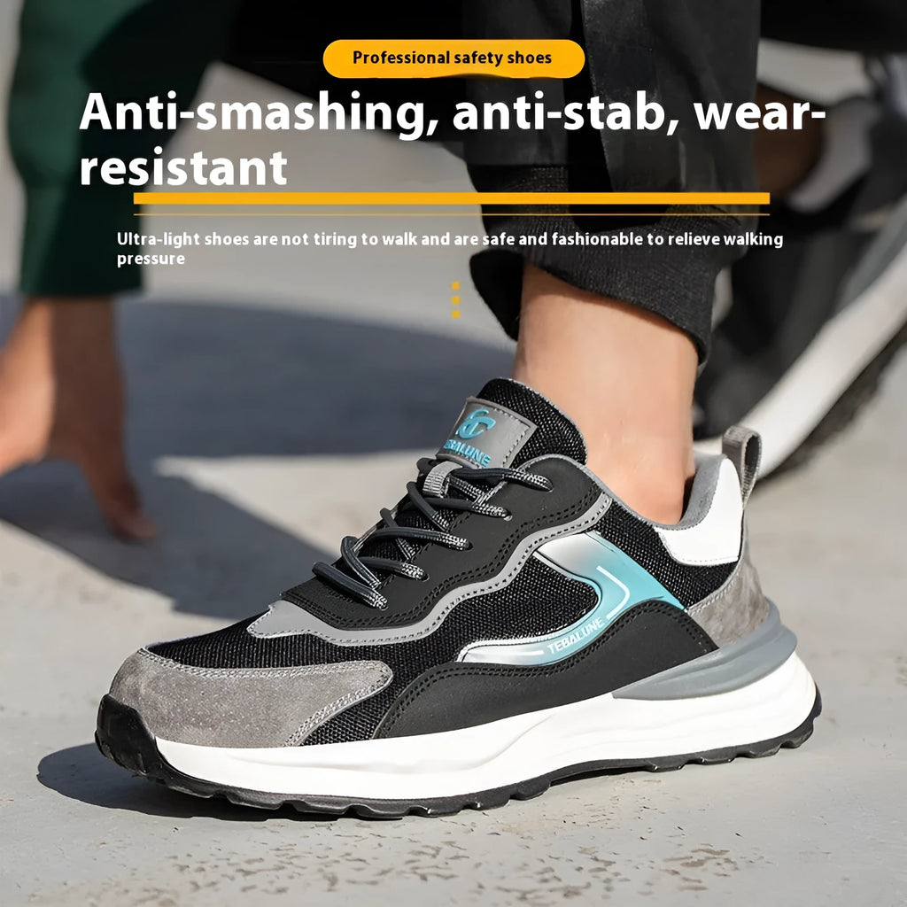 Men's low-top suede and mesh work shoes with a plastic steel toe cap and lace-up closure.
