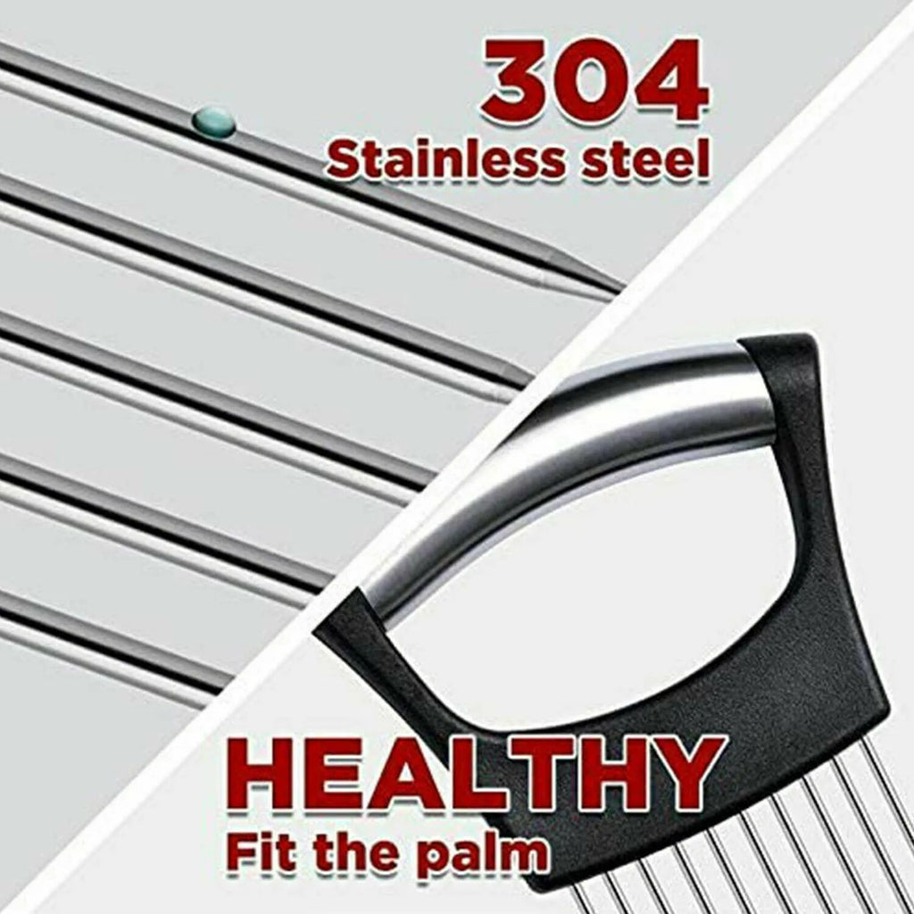 Stainless steel onion holder slicer with ABS handle measuring 14cm by 9.5cm