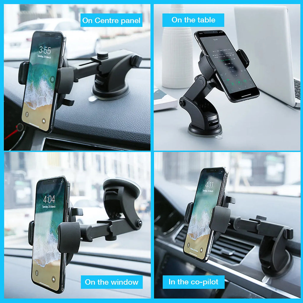Yellow and black telescopic car phone holder with suction cup mounted on dashboard showing 360-degree rotation