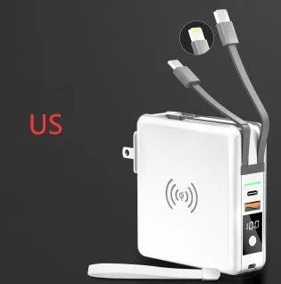 Black and white 10000mAh power bank with QI wireless charging and a set of international plug adapters
