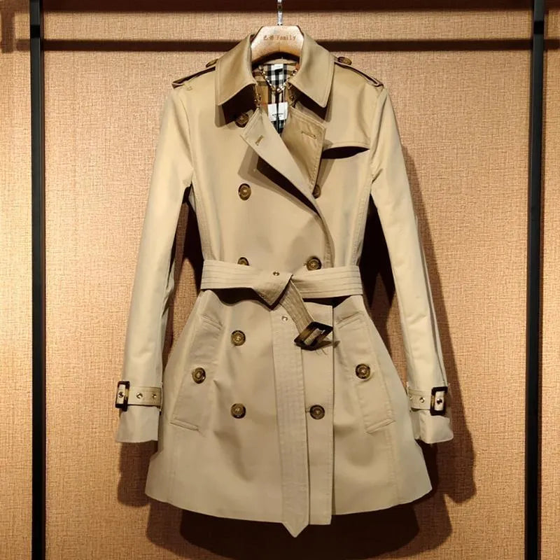 Khaki women's double-breasted trench coat with flight sleeves and shoulder detail