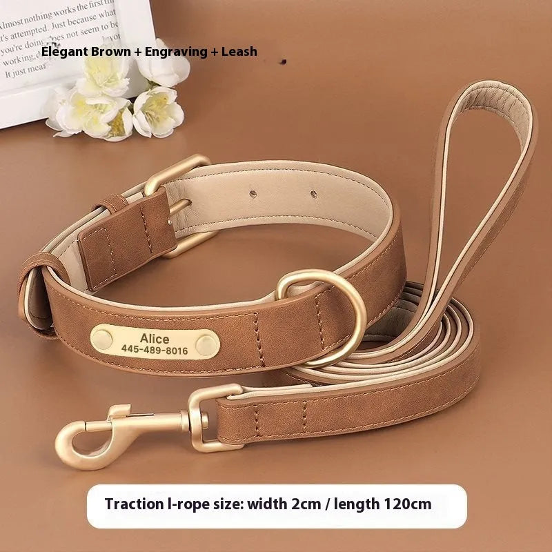 Rose red double-layer leather dog collar with mohair lining and matching leash laid flat.