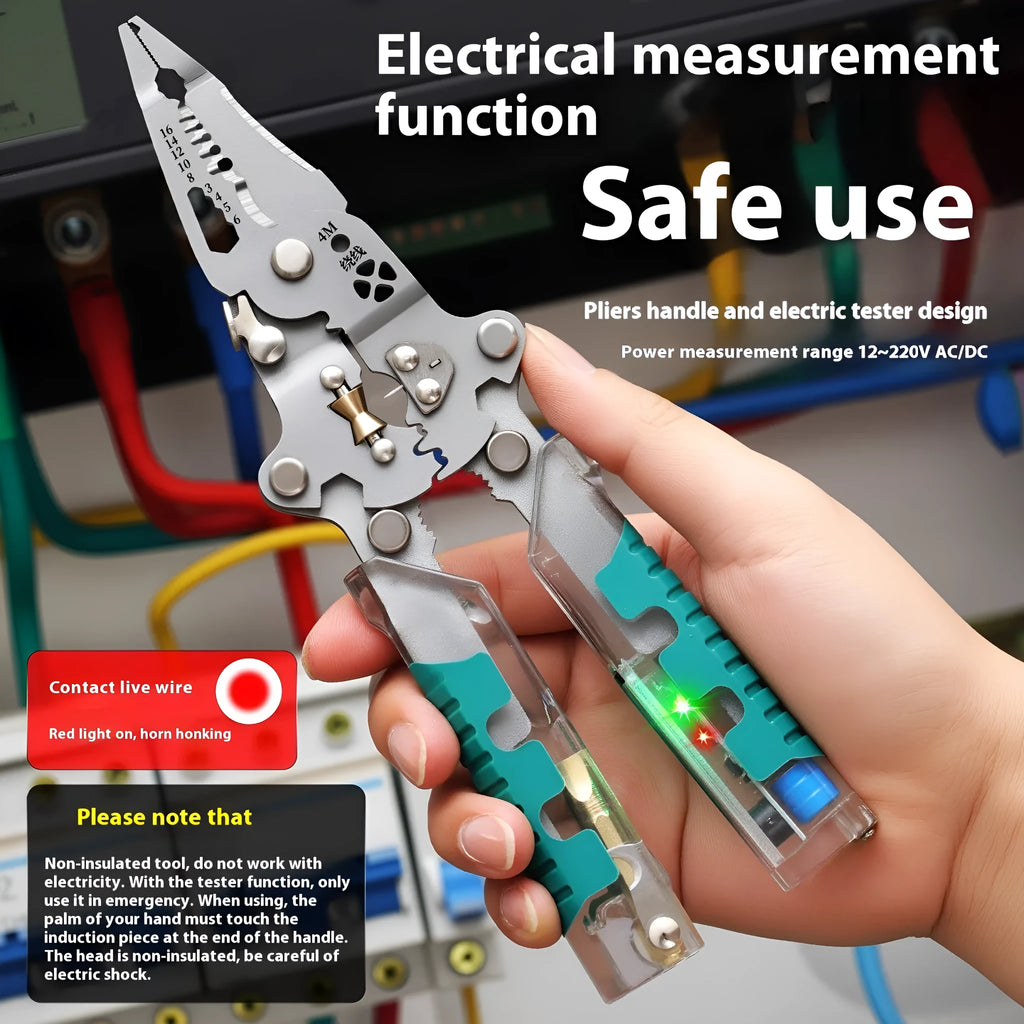 Multi-functional electrician's pliers and wire stripper tool with pointed head and rust-resistant cutting edges.