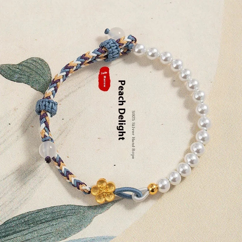 Peach coloured adjustable bracelet with chalcedony beads and Chinese flower weaving in sterling silver