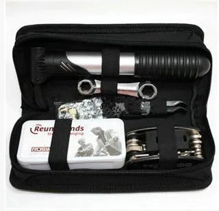 Black tool kit case containing 81-piece bicycle repair set with sockets, wrenches and mini pump