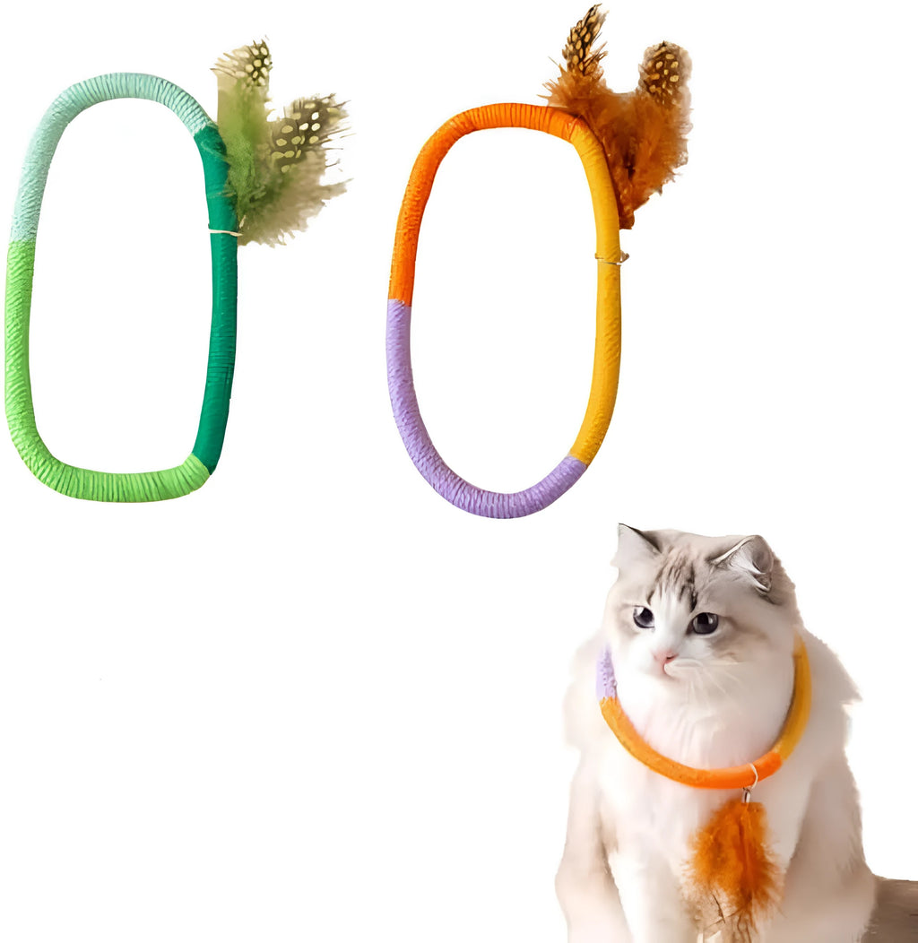 Green circular cotton rope cat toy with white feathers and catnip for chewing and play
