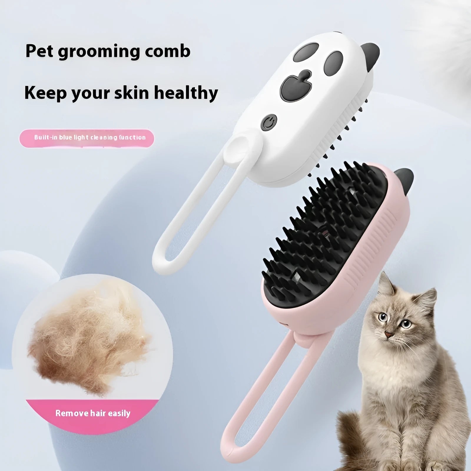Avocado green handheld pet spray massage brush with rotating bristle head and bottle of essence.