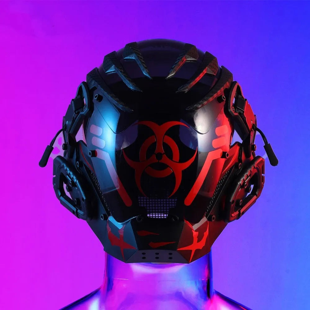 Black full face cyborg helmet mask with bioweapon styling for costumes
